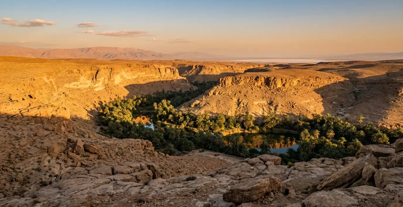 Vue panoramique des oasis de montagne de Tunisie avec les canyons ocre et les palmeraies verdoyantes