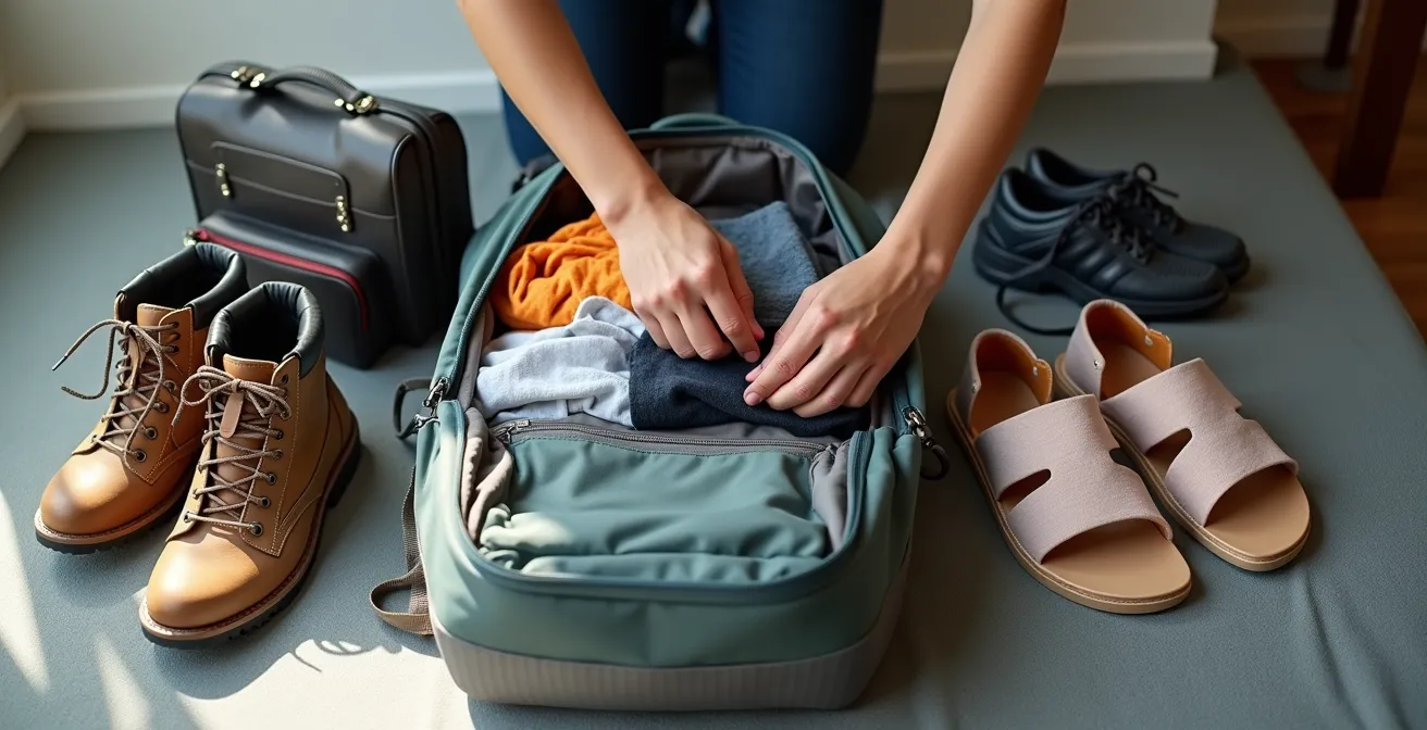 Vue éclatée d'un sac à dos avec organisation modulaire du matériel