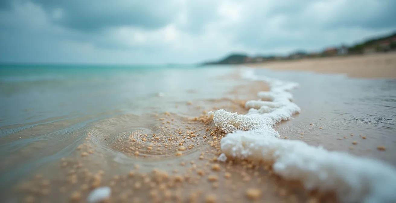 Embouchure d'oued se jetant dans la mer après un orage à Djerba avec eau trouble