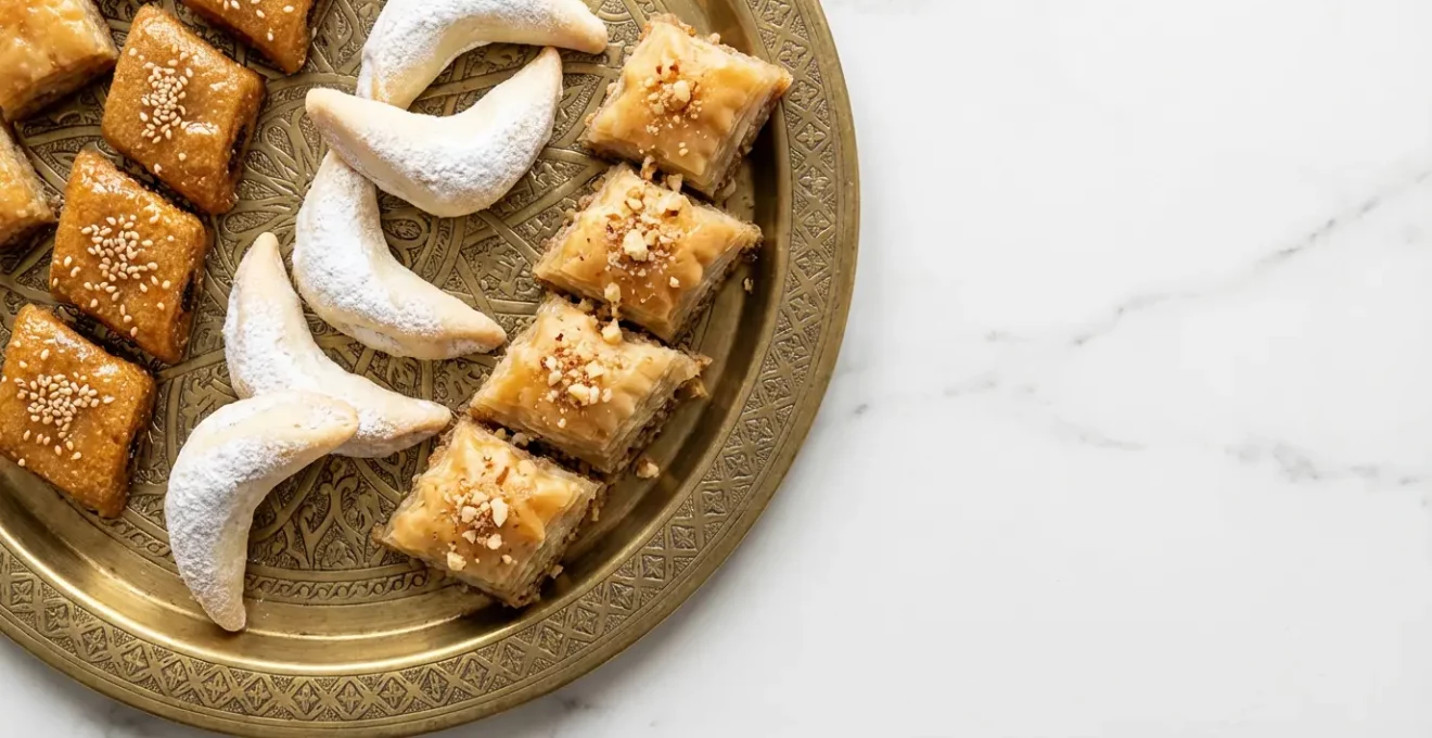 Plateau de pâtisseries tunisiennes variées avec baklavas dorées, makrouds au miel et cornes de gazelle aux amandes