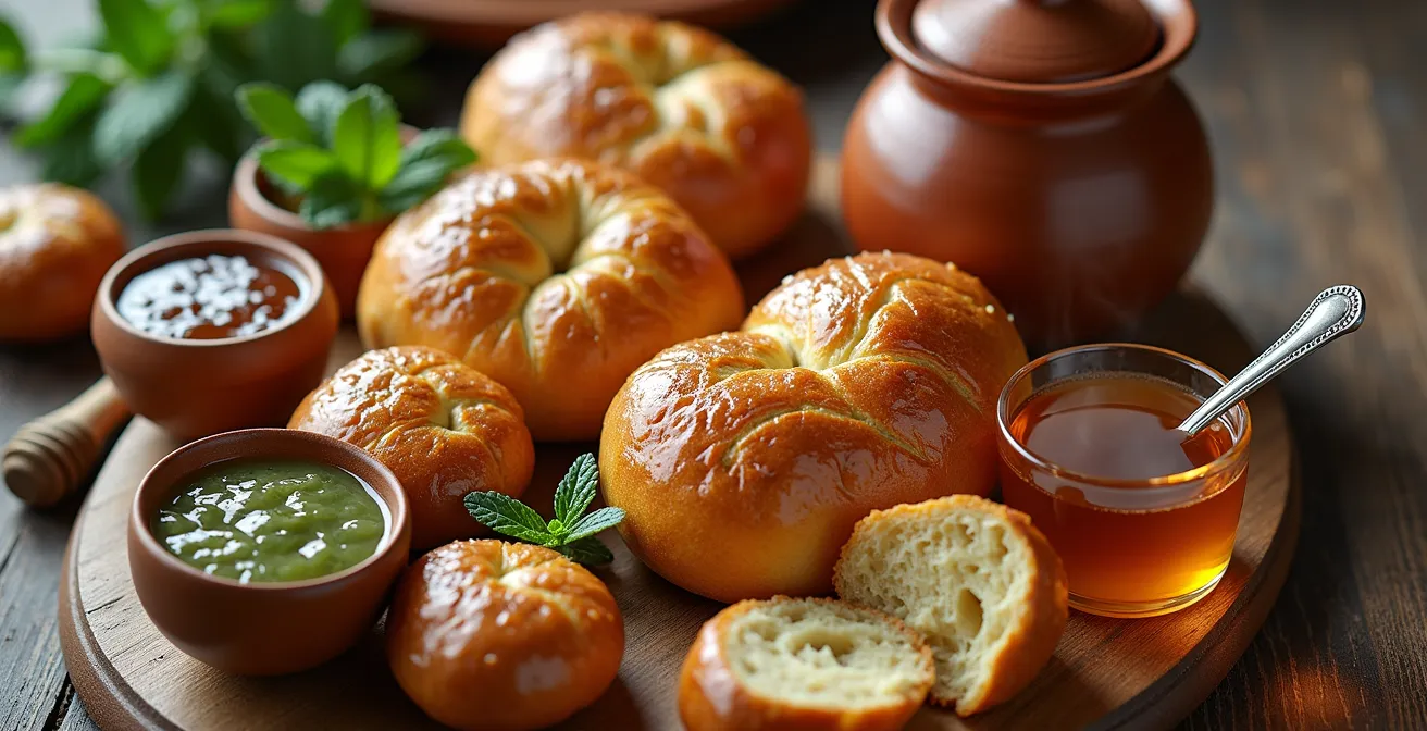 Table de petit-déjeuner traditionnel avec pains faits maison et produits locaux