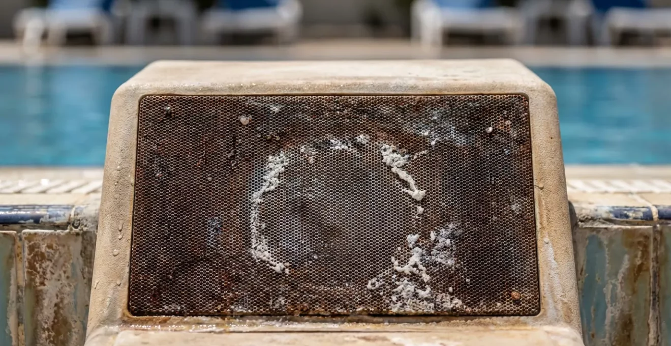 Vue plongeante sur une piscine d'hôtel montrant la disposition des équipements de sonorisation