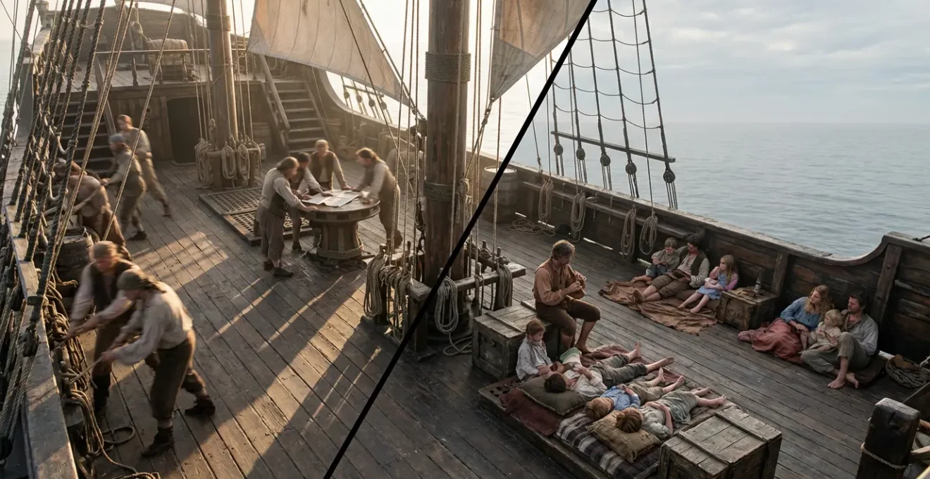 Vue aérienne du pont d'un bateau pirate montrant les différentes zones sonores, avec des familles dans la partie avant plus calme.