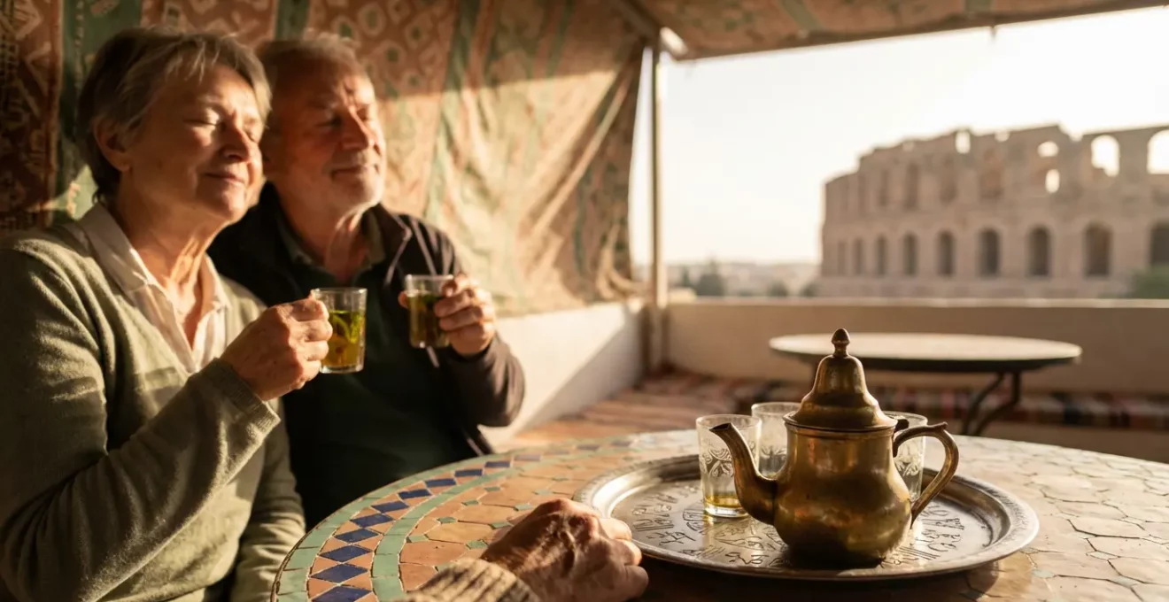 Moment de détente dans un café traditionnel tunisien avec vue sur l'amphithéâtre au coucher du soleil