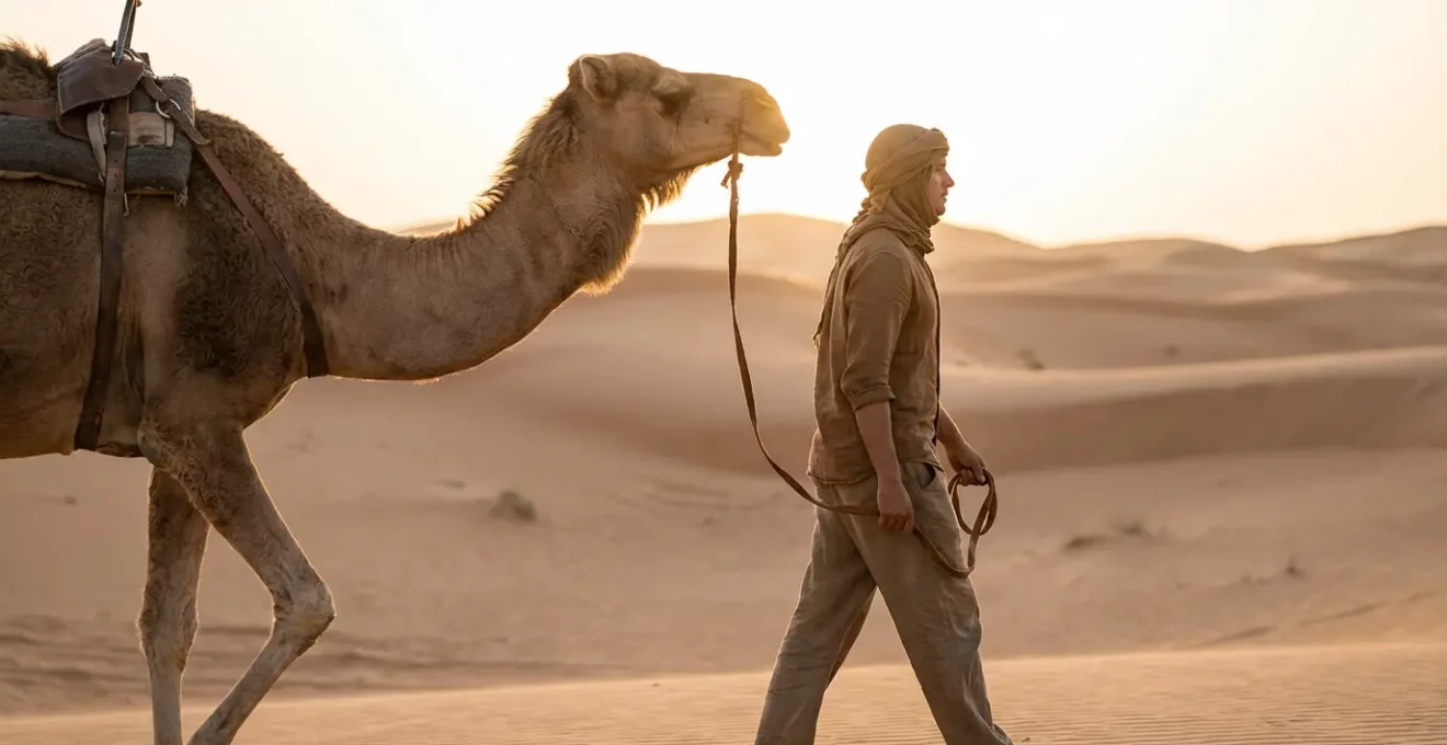 Randonneur marchant paisiblement aux côtés de son dromadaire dans les dunes sahariennes