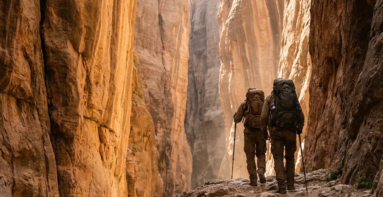 Randonneurs explorant le canyon de Midès entre les imposantes falaises ocre