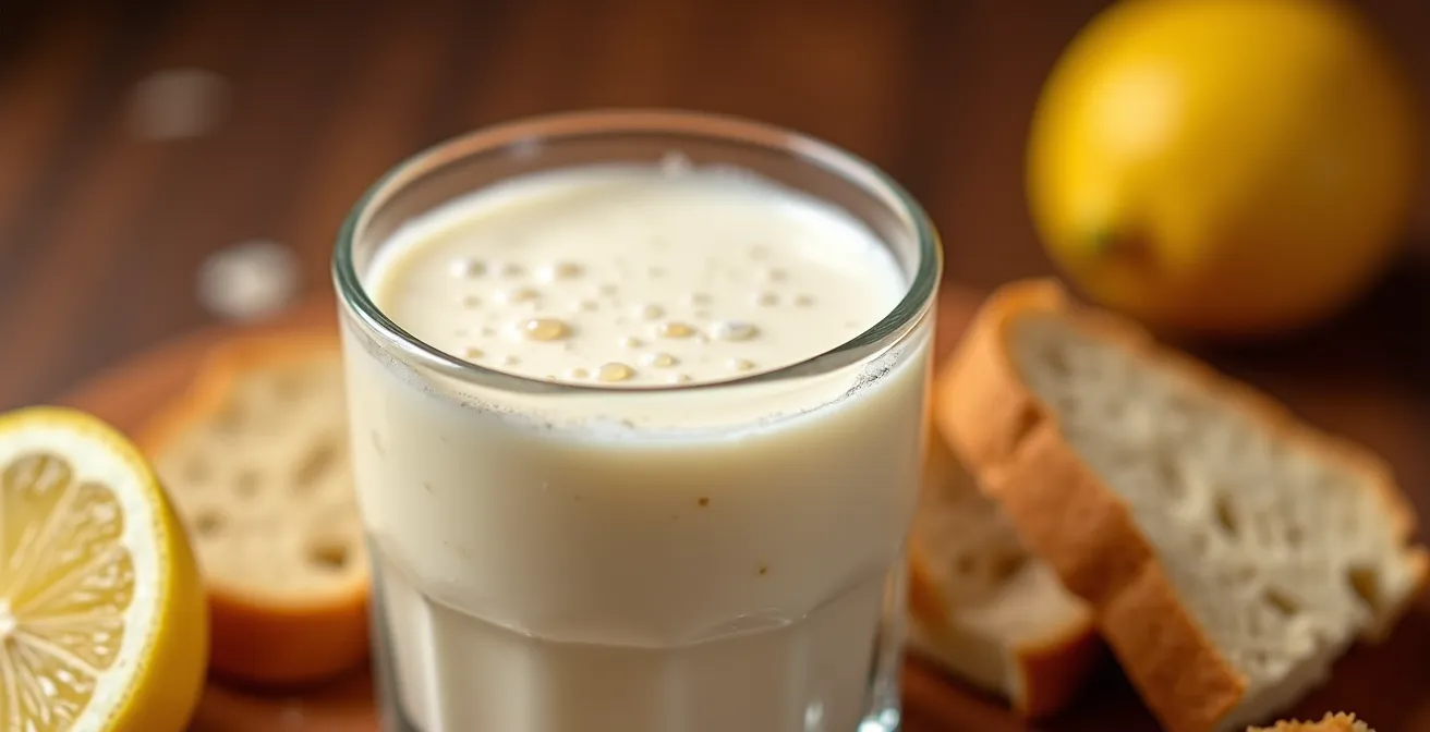 Nature morte avec verre de lben, pain traditionnel et quartier de citron sur table tunisienne