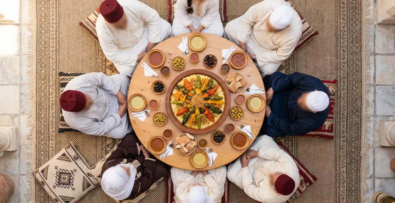Famille tunisienne partageant un repas traditionnel autour d'un grand plat de couscous