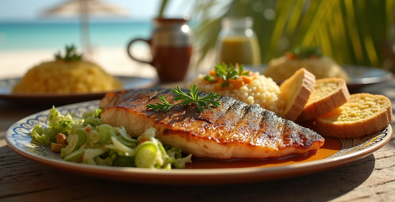 Table traditionnelle sous paillote avec plats tunisiens disposés pour le déjeuner