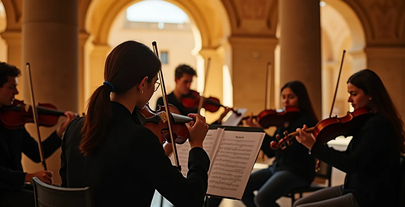 Musiciens en répétition dans l'amphithéâtre de Carthage au coucher du soleil
