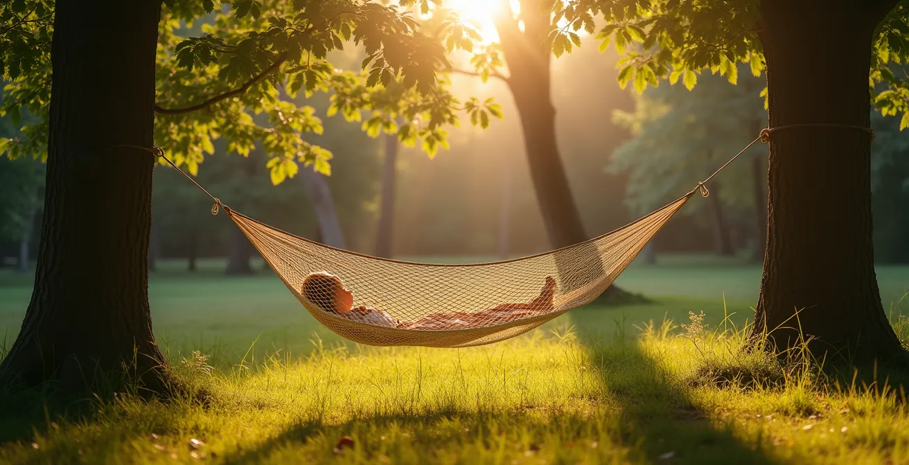Hamac installé entre deux arbres dans une clairière ensoleillée
