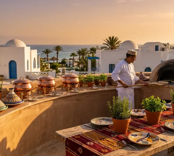 Vue d'ensemble d'un resort tunisien avec buffet de spécialités locales et chef préparant des plats traditionnels