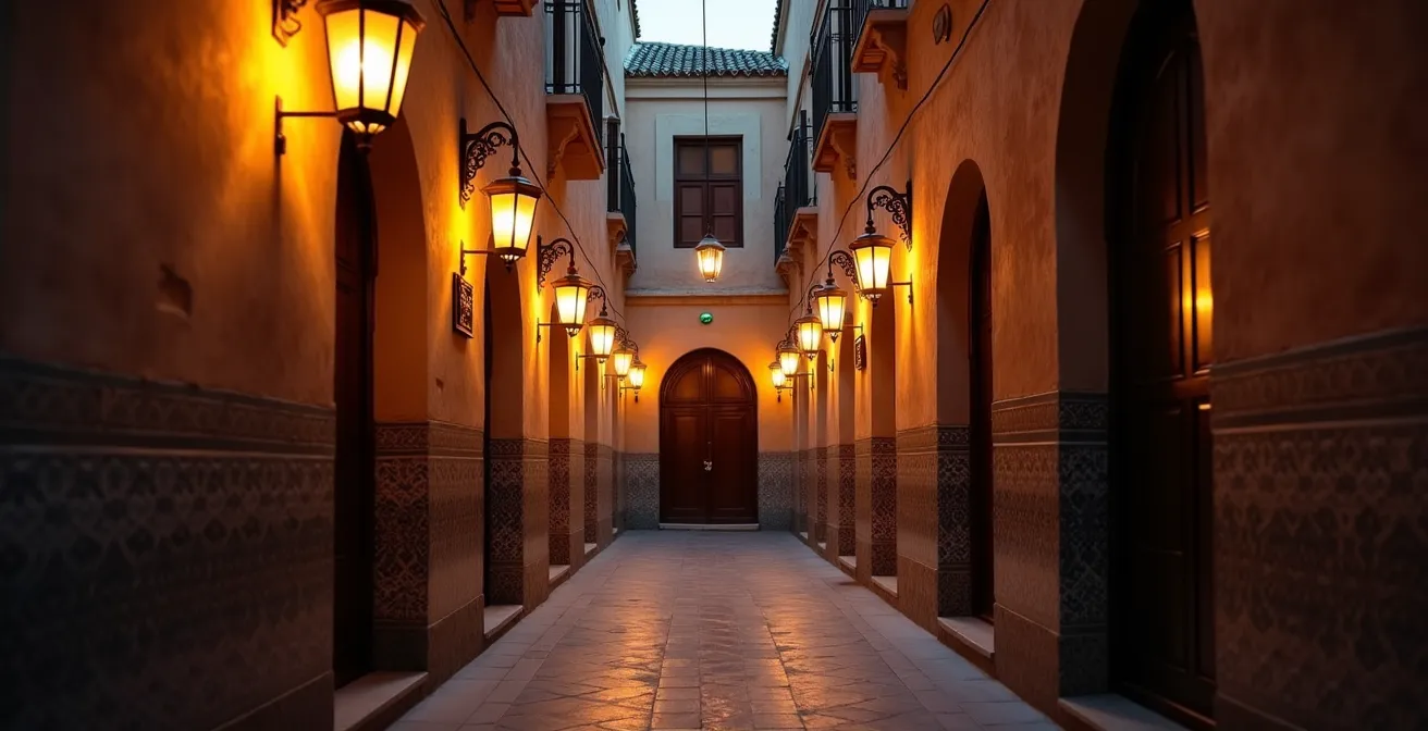 Ruelle étroite d'une médina marocaine au crépuscule avec éclairage doux