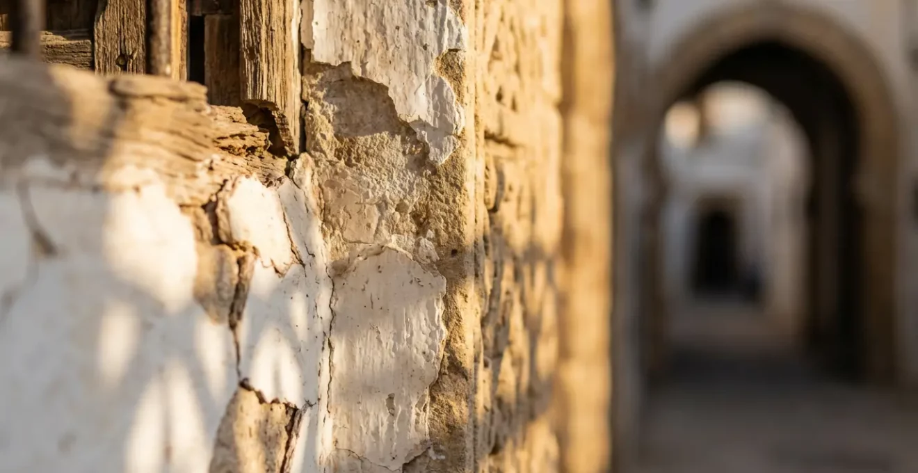 Ruelle étroite de la médina de Tunis baignée de lumière dorée avec jeu d'ombres