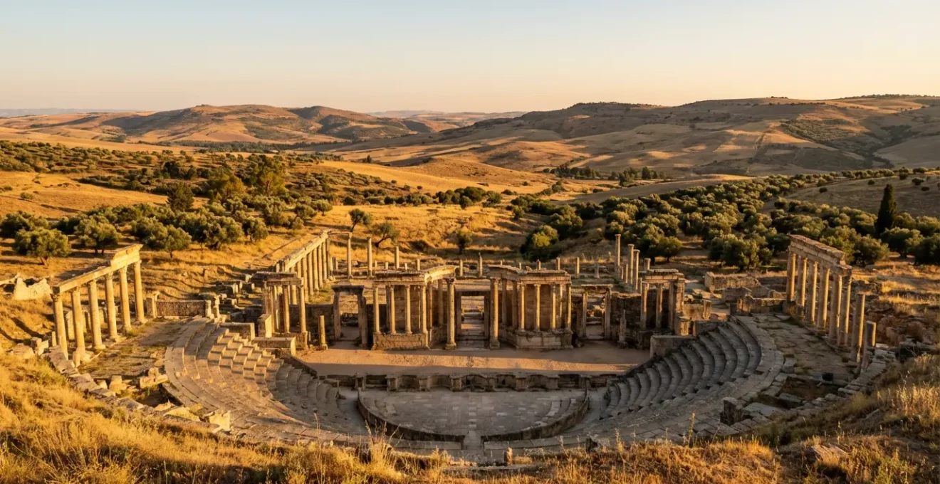 Vue panoramique des ruines romaines de Dougga en Tunisie au coucher du soleil