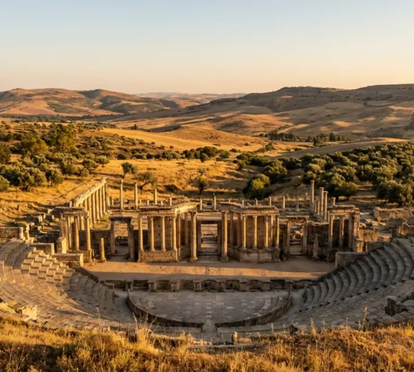 Vue panoramique des ruines romaines de Dougga en Tunisie au coucher du soleil