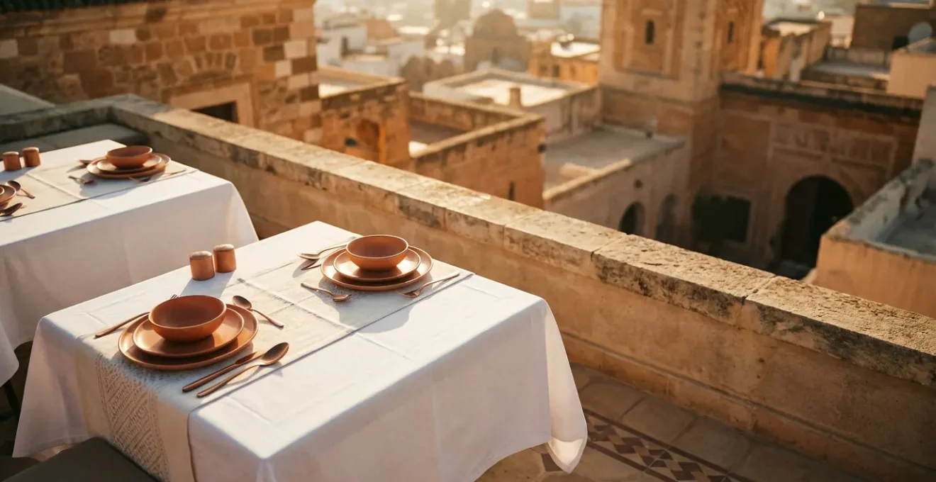 Vue plongeante sur une terrasse de restaurant tunisien moderne avec tables élégamment dressées et architecture traditionnelle en arrière-plan