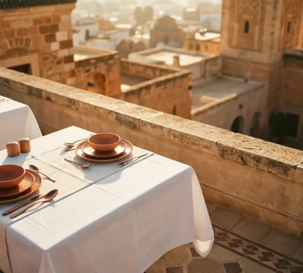 Vue plongeante sur une terrasse de restaurant tunisien moderne avec tables élégamment dressées et architecture traditionnelle en arrière-plan