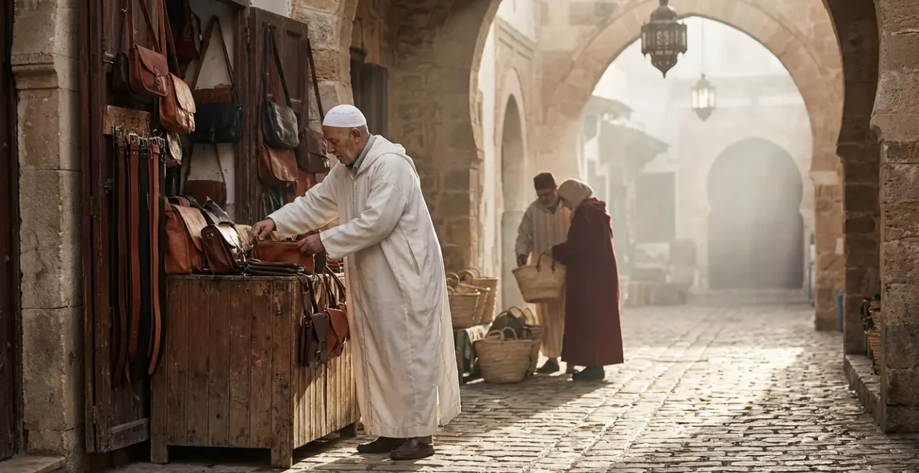 Souk de Tunis au petit matin avec une lumière dorée et peu de visiteurs