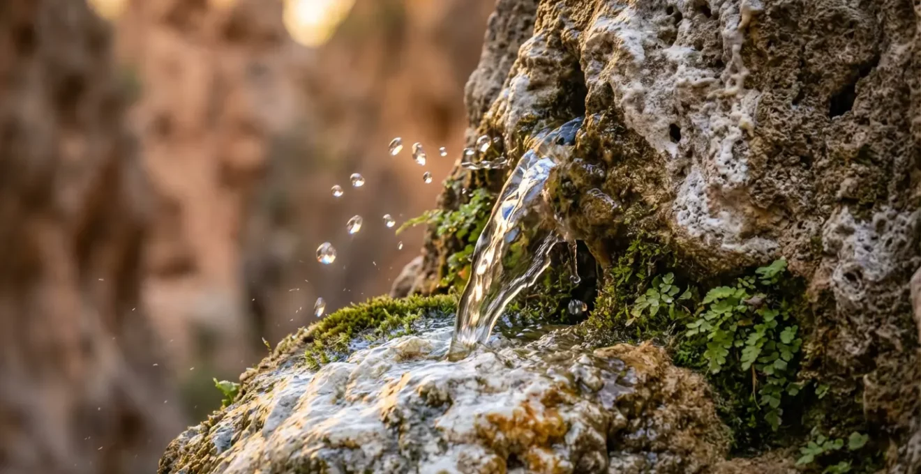 Sources d'eau cristalline jaillissant de la roche calcaire dans un canyon désertique