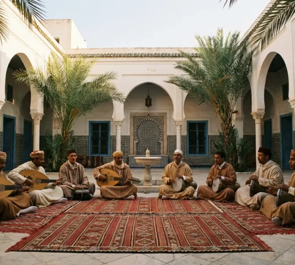 Scène de spectacle folklorique traditionnel tunisien avec musiciens et danseurs dans un contexte authentique