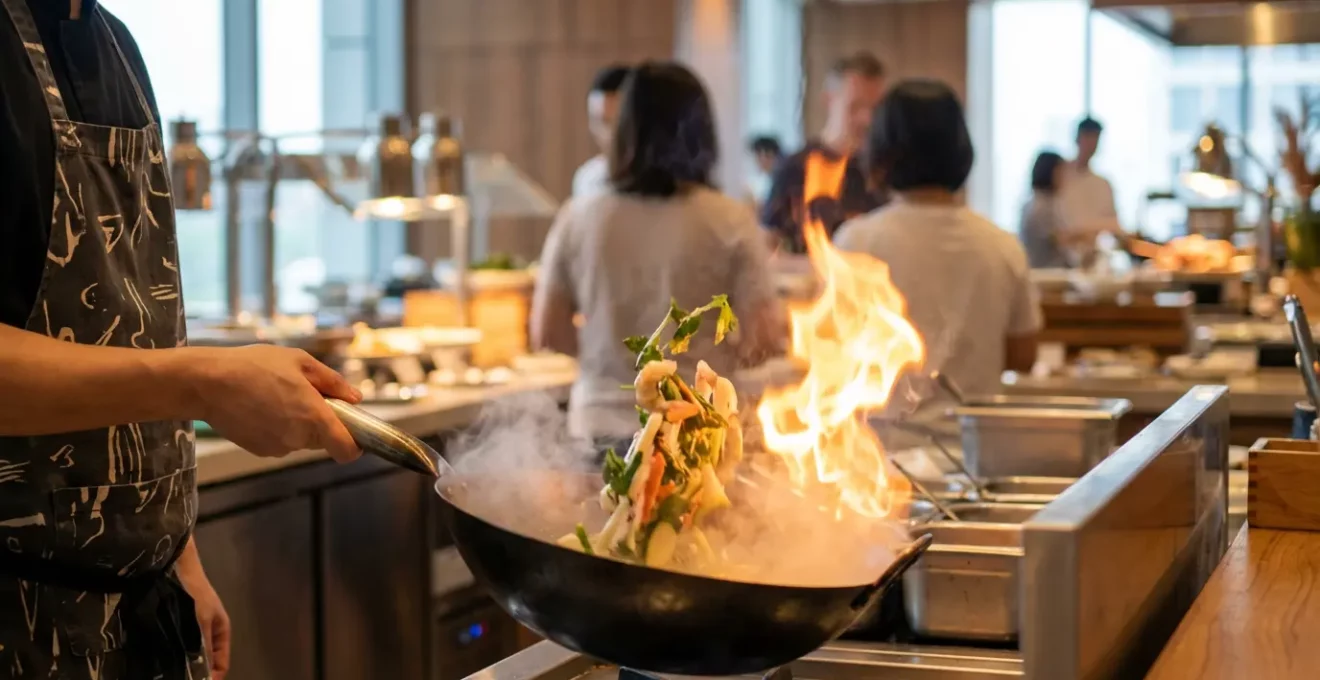 Chef préparant des plats à la minute dans une station de cuisson live d'un buffet d'hôtel