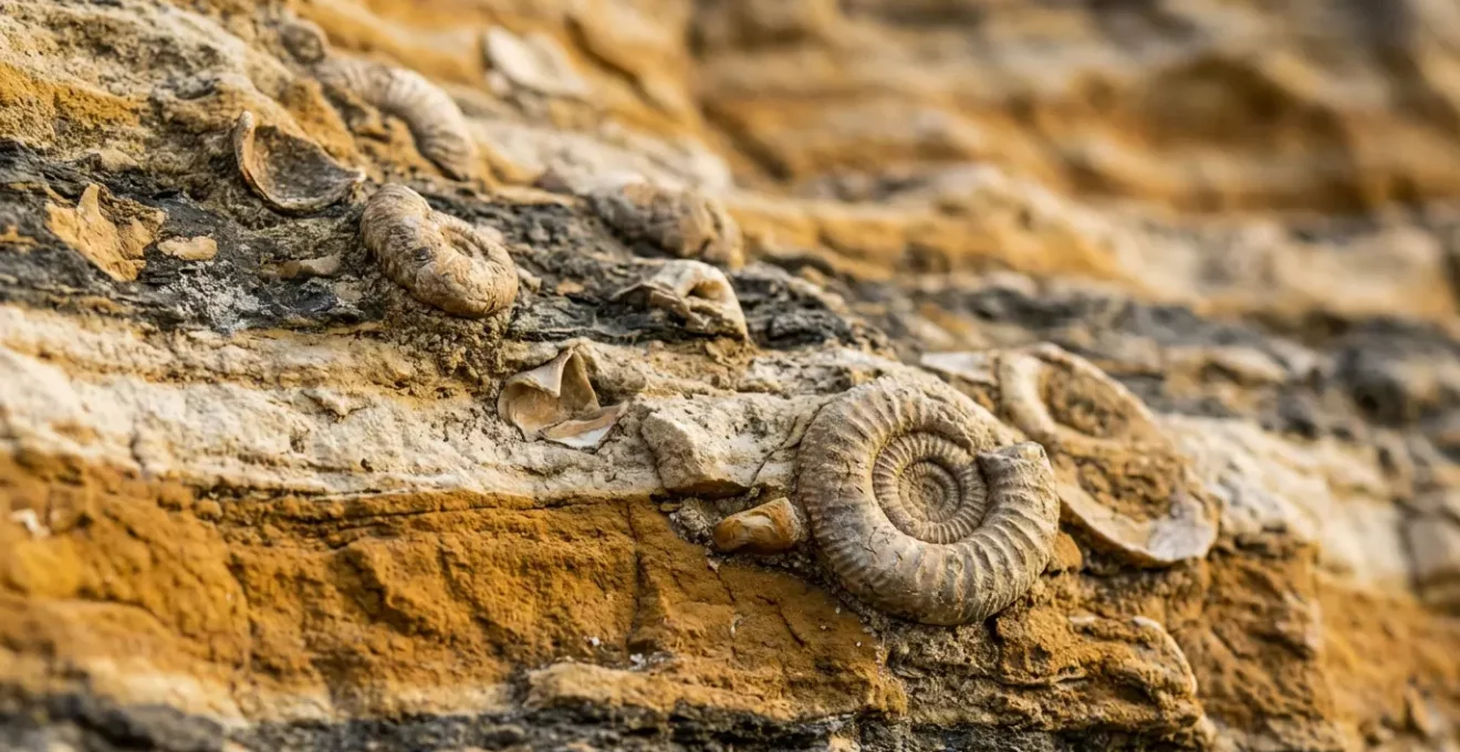Détail macro des couches sédimentaires avec fossiles visibles dans la roche calcaire