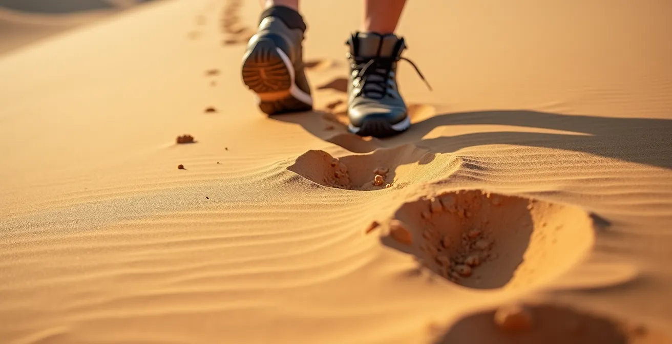 Vue rapprochée des pieds d'un marcheur posés en diagonale sur le flanc d'une dune