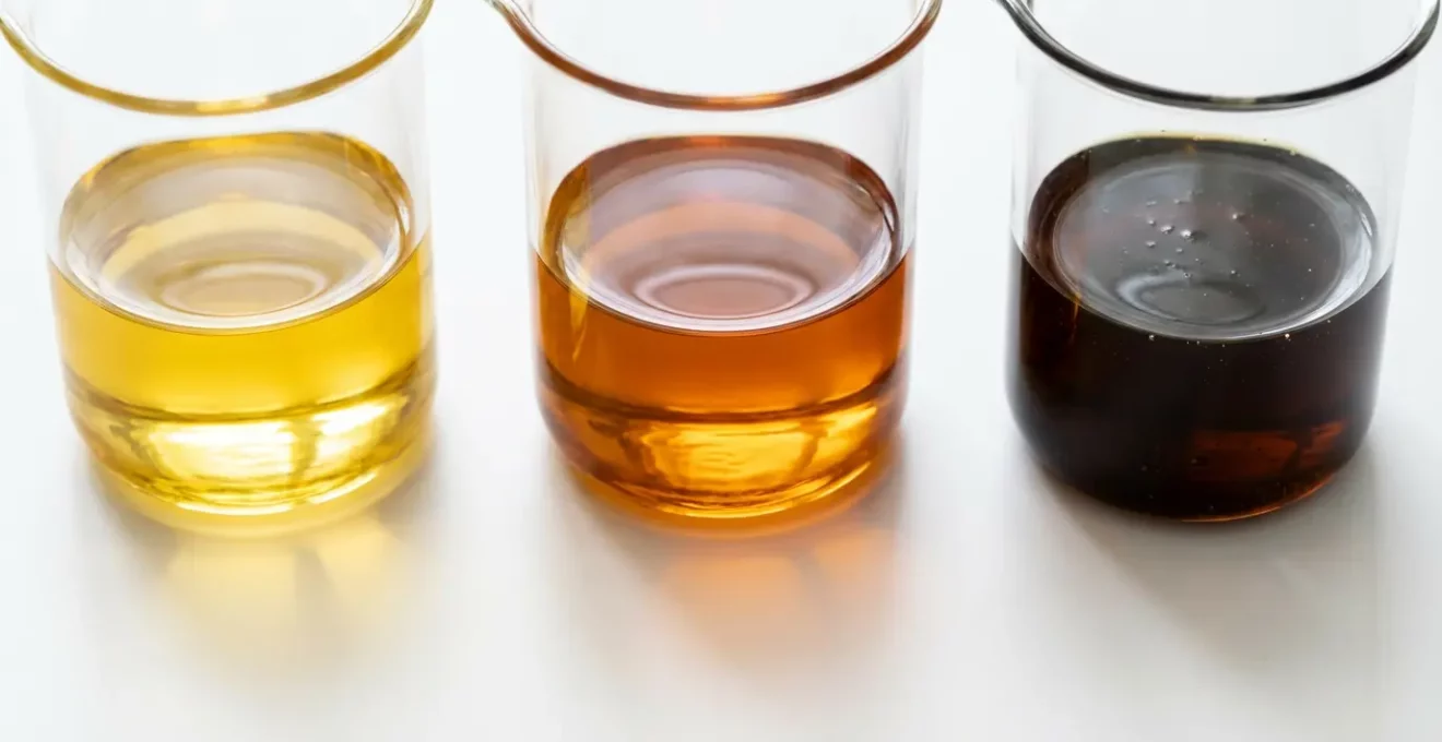 Comparaison visuelle de trois échantillons d'huile de friture montrant différents stades de dégradation