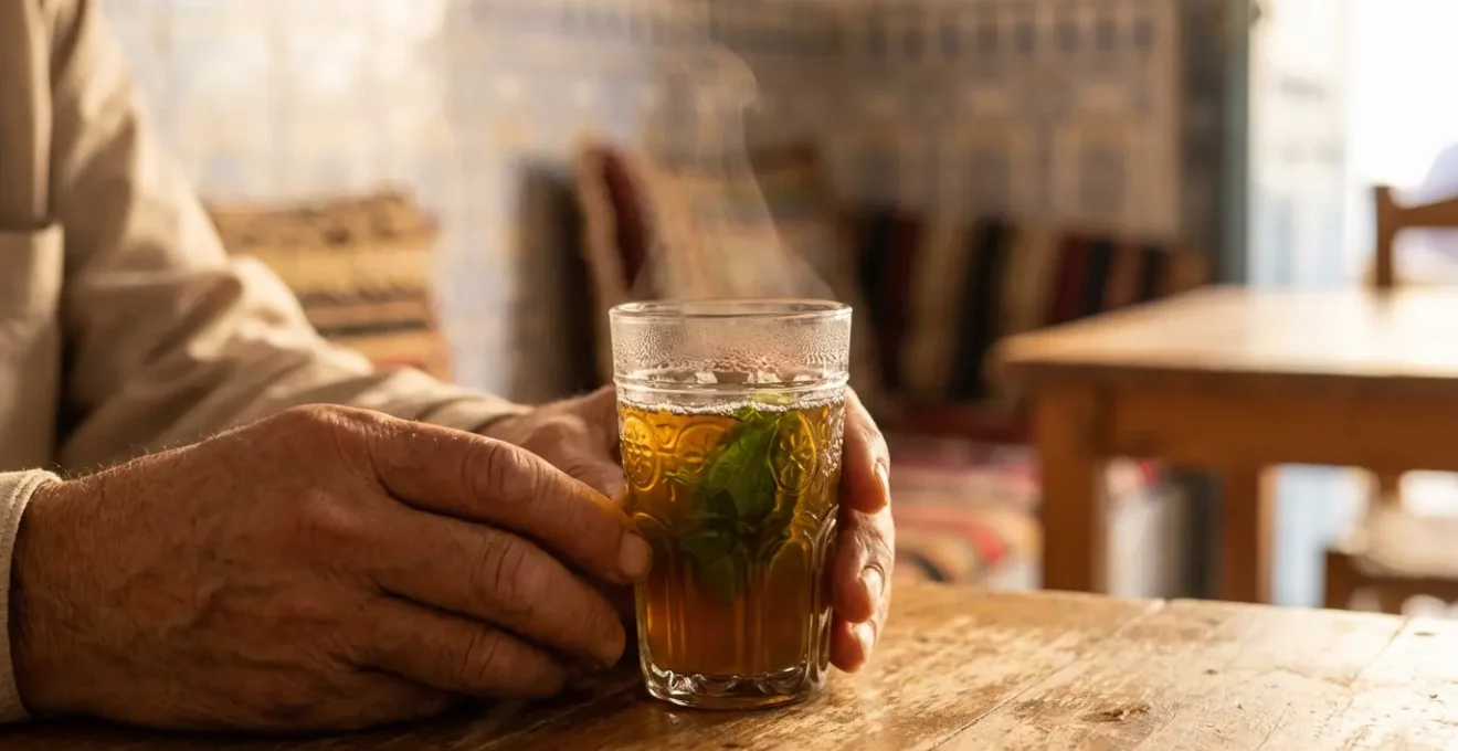 Verre de thé à la menthe chaud servi dans un verre traditionnel tunisien avec vapeur visible