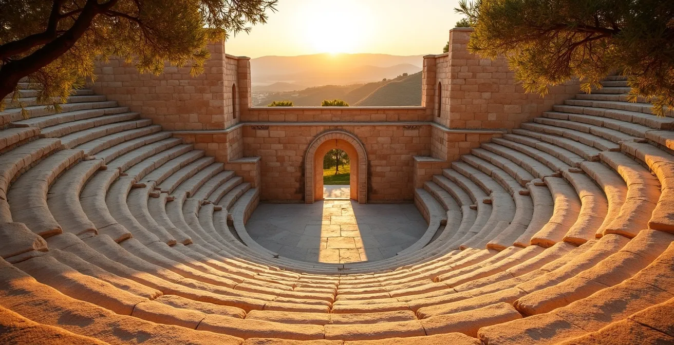 Gradins vides du théâtre antique de Dougga baignés par la lumière dorée d'automne