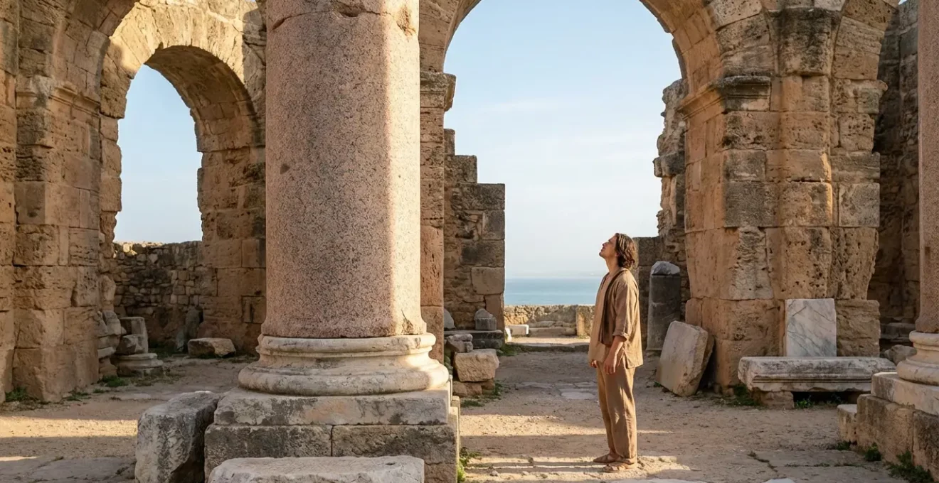 Colonnes de granit rose des Thermes d'Antonin avec silhouette humaine pour l'échelle