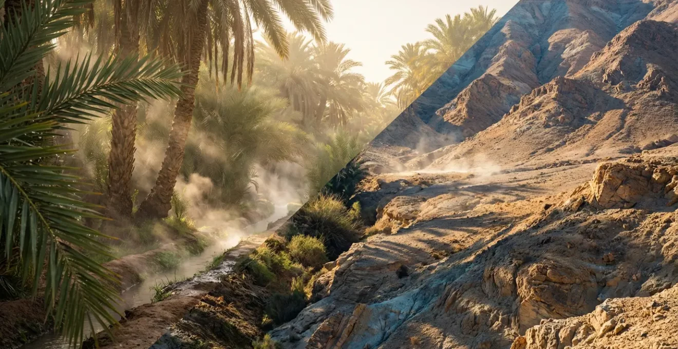 Contraste entre l'oasis de Tozeur et les hauteurs arides de Matmata illustrant le choc thermique