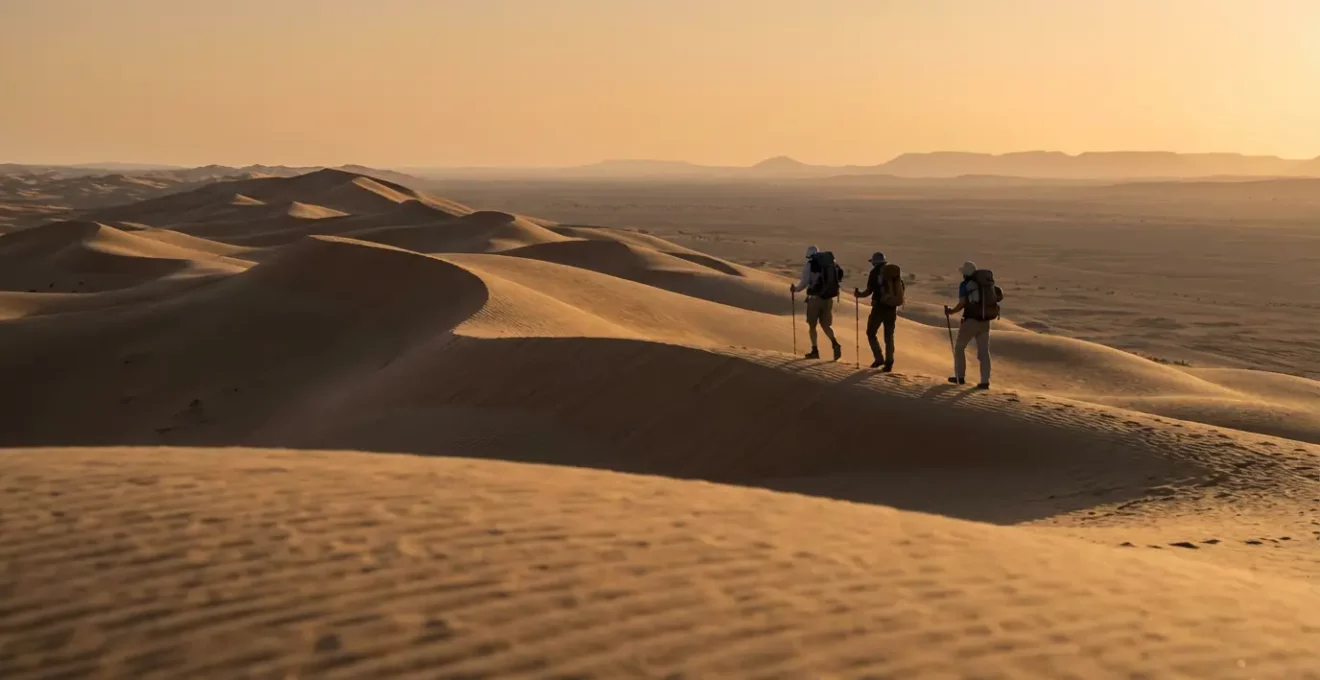 Randonneurs traversant les dunes dorées du désert tunisien au coucher du soleil