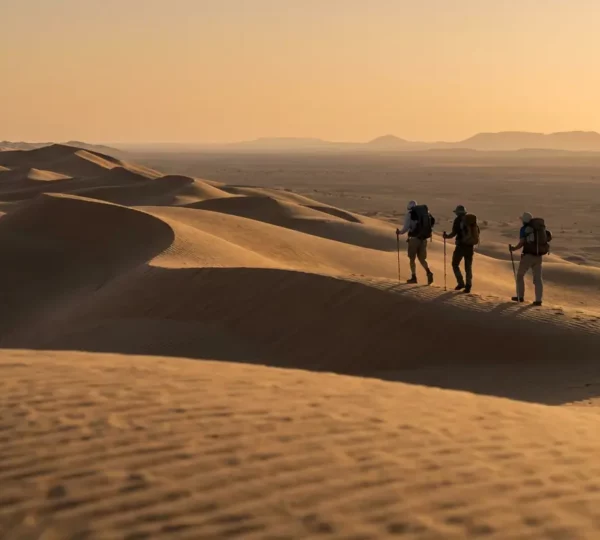 Randonneurs traversant les dunes dorées du désert tunisien au coucher du soleil