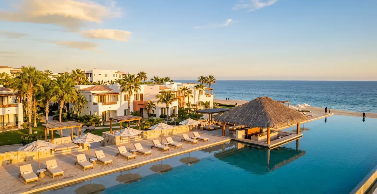 Vue panoramique d'un resort tout inclus avec piscine, bar tropical et buffet en arrière-plan