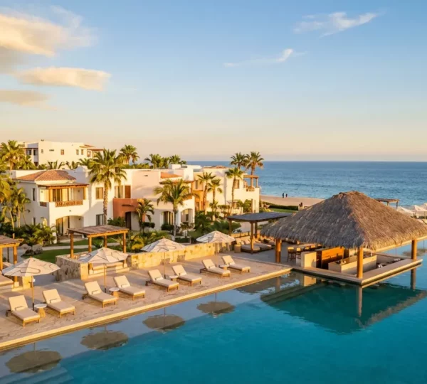 Vue panoramique d'un resort tout inclus avec piscine, bar tropical et buffet en arrière-plan