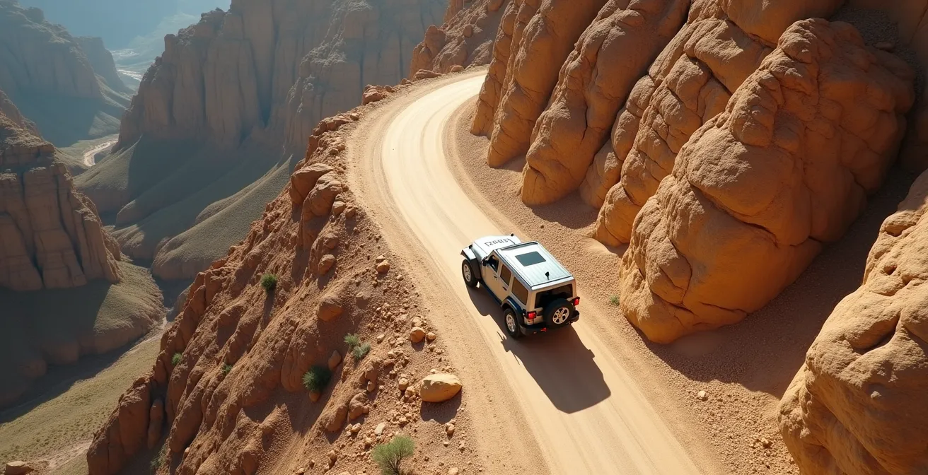 Vue aérienne d'un 4x4 négociant un virage en épingle sur une piste de montagne désertique
