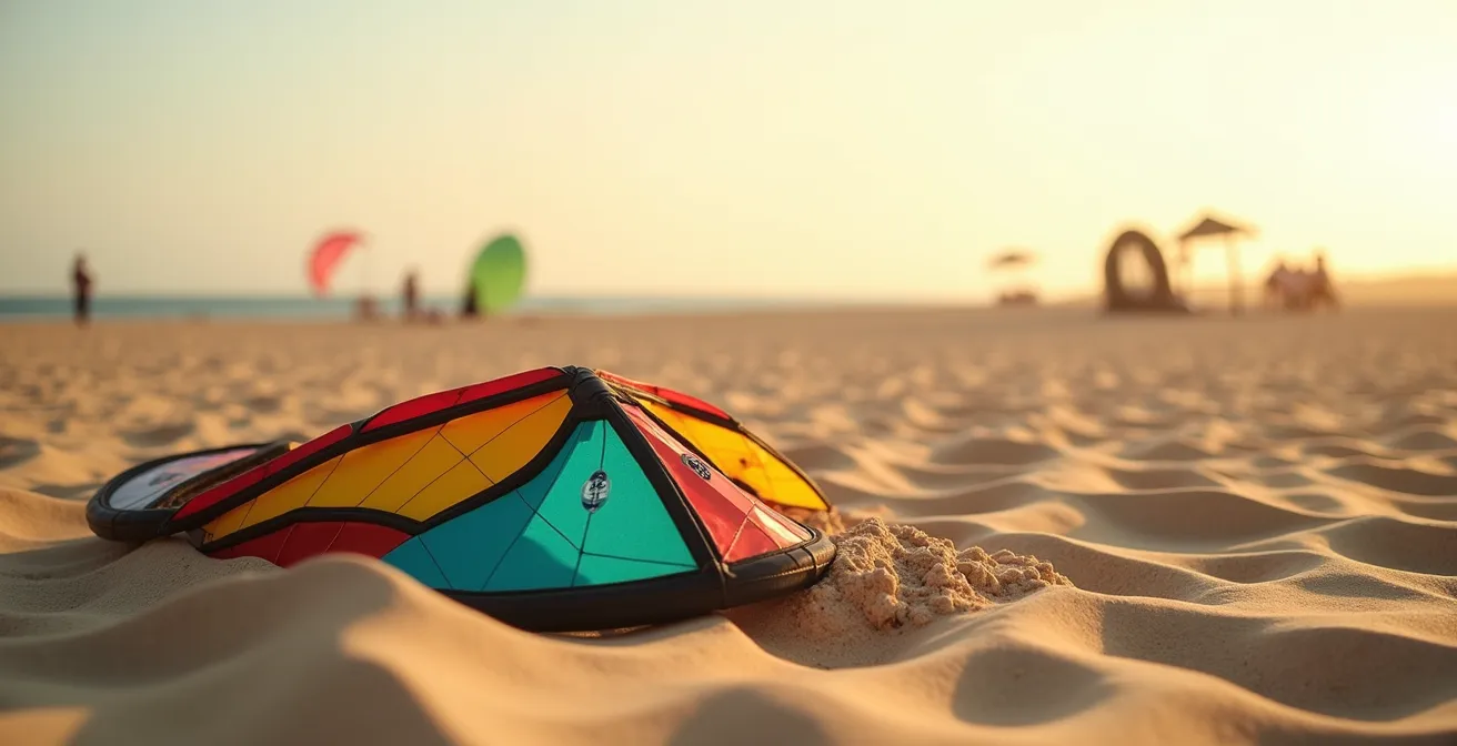 Plage de Djerba avec zone de décollage sécurisée marquée visuellement par l'espace dégagé