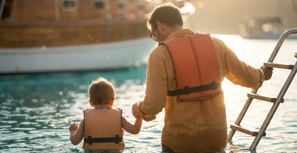 Parents aidant un enfant à descendre prudemment l'échelle d'un bateau pour la baignade en mer. Parents aidant un enfant à descendre prudemment l'échelle d'un bateau pour la baignade en mer.